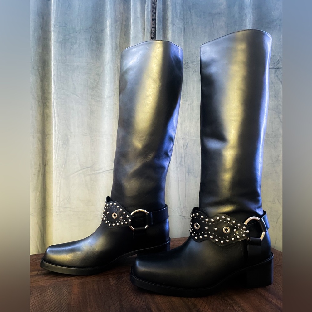 Red Valentino Vero Cuoio Black Leather Under-Knee Biker Boots - Picture 4 of 10